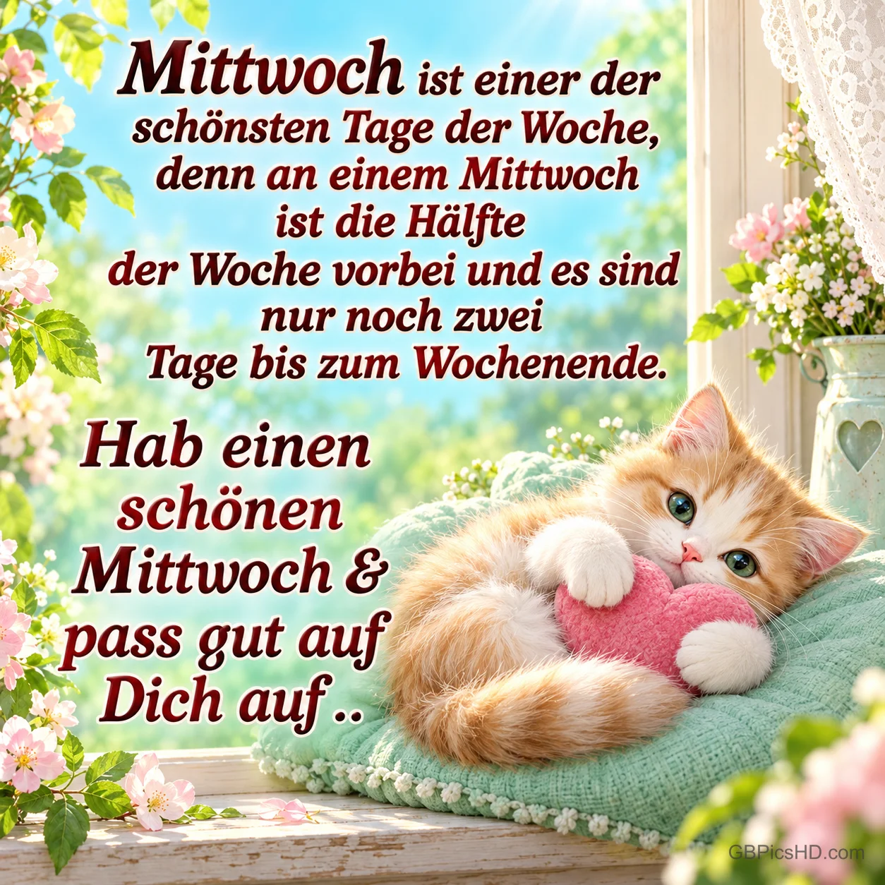 Ein orange-weißes Kätzchen umarmt ein rosa Herz auf einem grünen Kissen am Fenster mit dem Gruß "Hab einen schönen Mittwoch". Ein orange-weißes Kätzchen umarmt ein rosa Herz auf einem grünen Kissen am Fenster mit dem Gruß "Hab einen schönen Mittwoch".