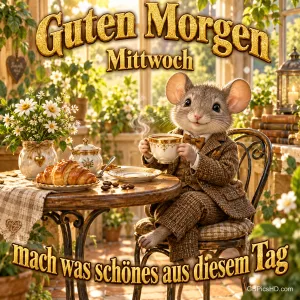 Eine Maus im braunen Anzug hält eine Kaffeetasse am Frühstückstisch mit Croissant und Blumen unter dem Gruß "Guten Morgen".