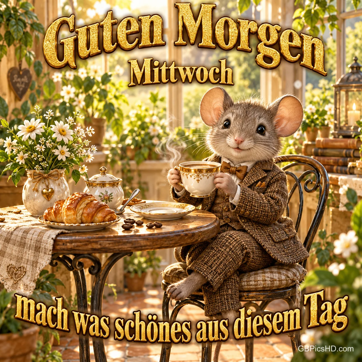 Eine Maus im braunen Anzug hält eine Kaffeetasse am Frühstückstisch mit Croissant und Blumen unter dem Gruß "Guten Morgen". Eine Maus im braunen Anzug hält eine Kaffeetasse am Frühstückstisch mit Croissant und Blumen unter dem Gruß "Guten Morgen".