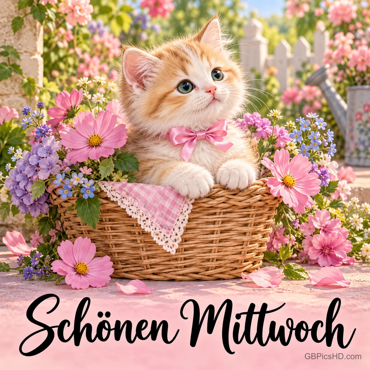 Ein orange-weißes Kätzchen mit rosa Schleife sitzt in einem Korb zwischen bunten Blumen über dem Gruß "Schönen Mittwoch". Ein orange-weißes Kätzchen mit rosa Schleife sitzt in einem Korb zwischen bunten Blumen über dem Gruß "Schönen Mittwoch".