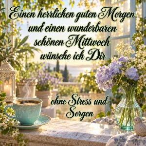Eine türkisfarbene Kaffeetasse und eine Glasvase mit zarten Blüten stehen am sonnigen Fenster mit dem Gruß "ohne Stress und Sorgen".