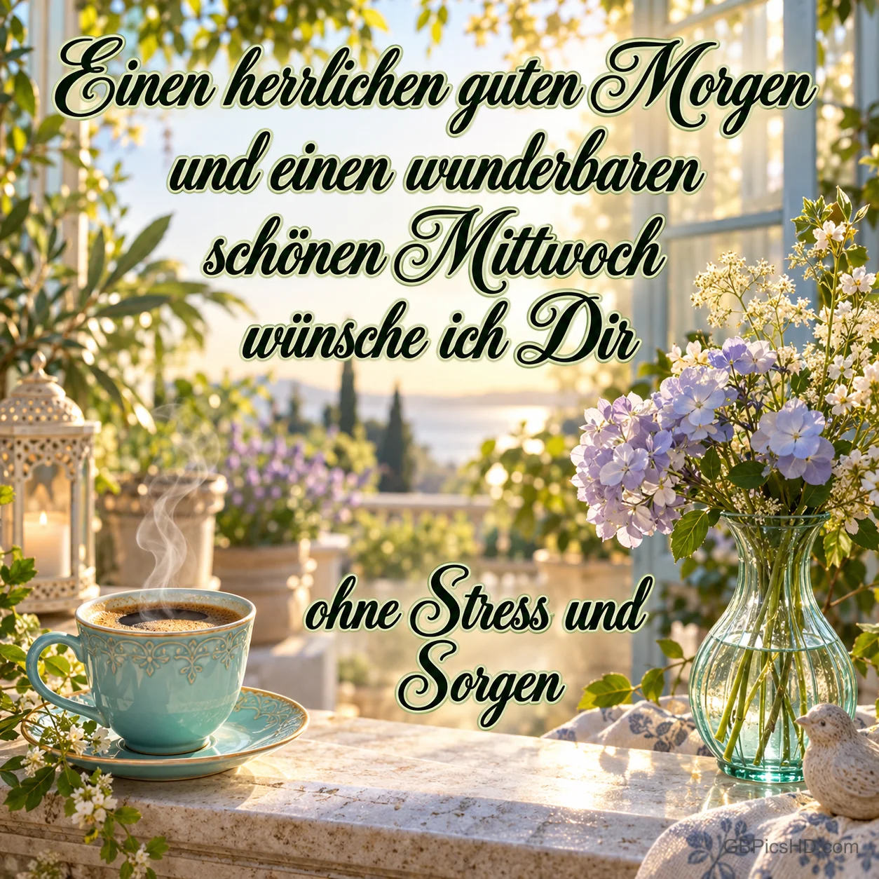Eine türkisfarbene Kaffeetasse und eine Glasvase mit zarten Blüten stehen am sonnigen Fenster mit dem Gruß "ohne Stress und Sorgen". Eine türkisfarbene Kaffeetasse und eine Glasvase mit zarten Blüten stehen am sonnigen Fenster mit dem Gruß "ohne Stress und Sorgen".