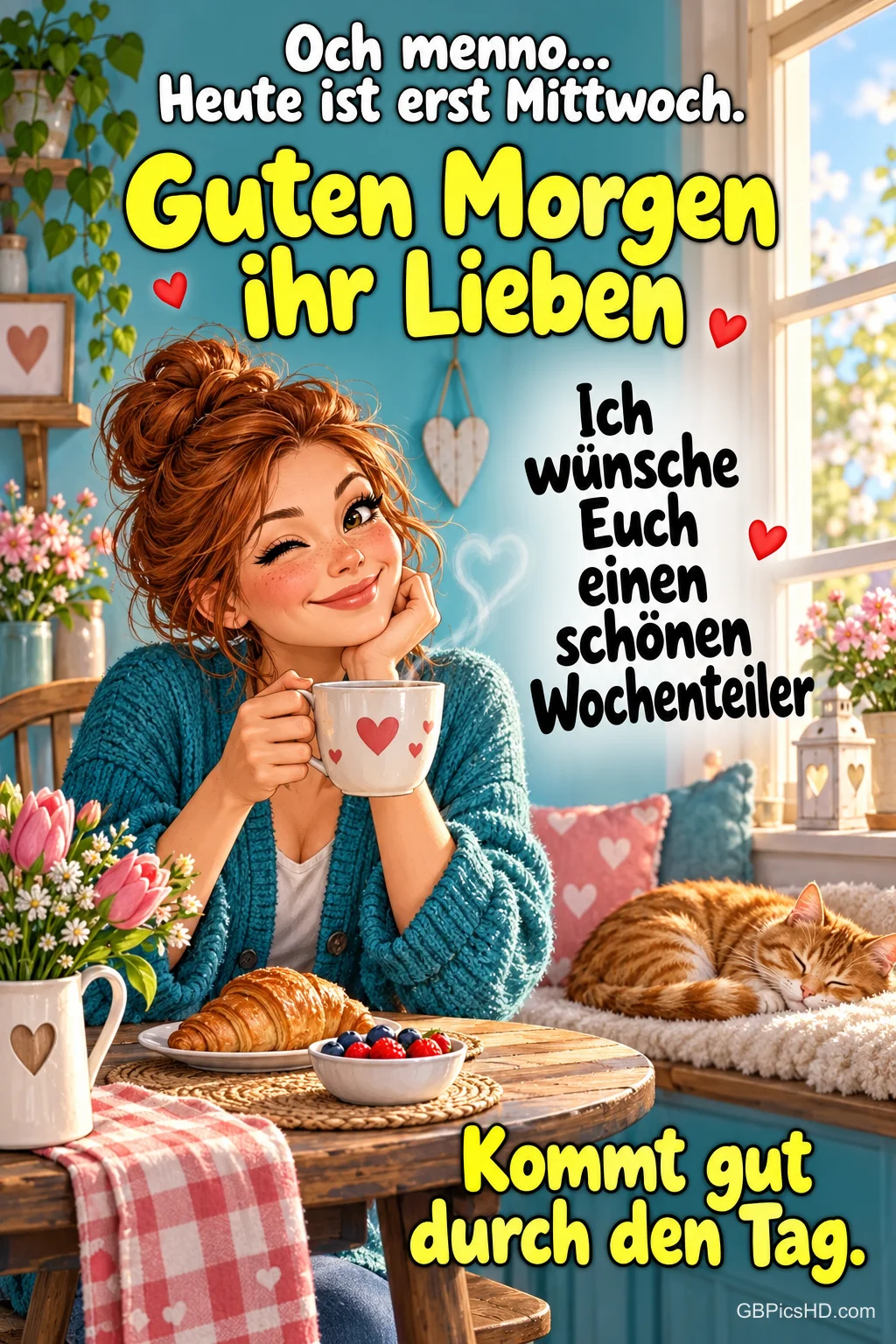 Eine zwinkernde Frau hält eine Herztasse am Frühstückstisch, während eine Katze am Fenster schläft; dazu "Guten Morgen ihr Lieben". Eine zwinkernde Frau hält eine Herztasse am Frühstückstisch, während eine Katze am Fenster schläft; dazu "Guten Morgen ihr Lieben".