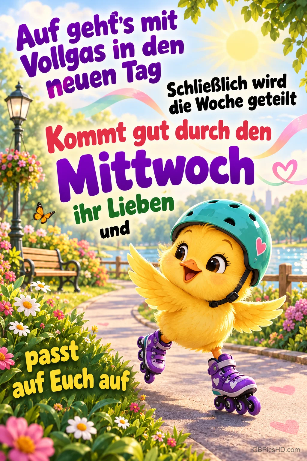 Ein gelbes Küken mit türkisfarbenem Helm fährt auf violetten Rollschuhen durch einen Park; dazu steht "Kommt gut durch den Mittwoch". Ein gelbes Küken mit türkisfarbenem Helm fährt auf violetten Rollschuhen durch einen Park; dazu steht "Kommt gut durch den Mittwoch".