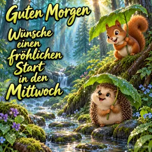 Eichhörnchen und Igel halten Blätter als Schirme an einem Waldbach; daneben steht "Guten Morgen".