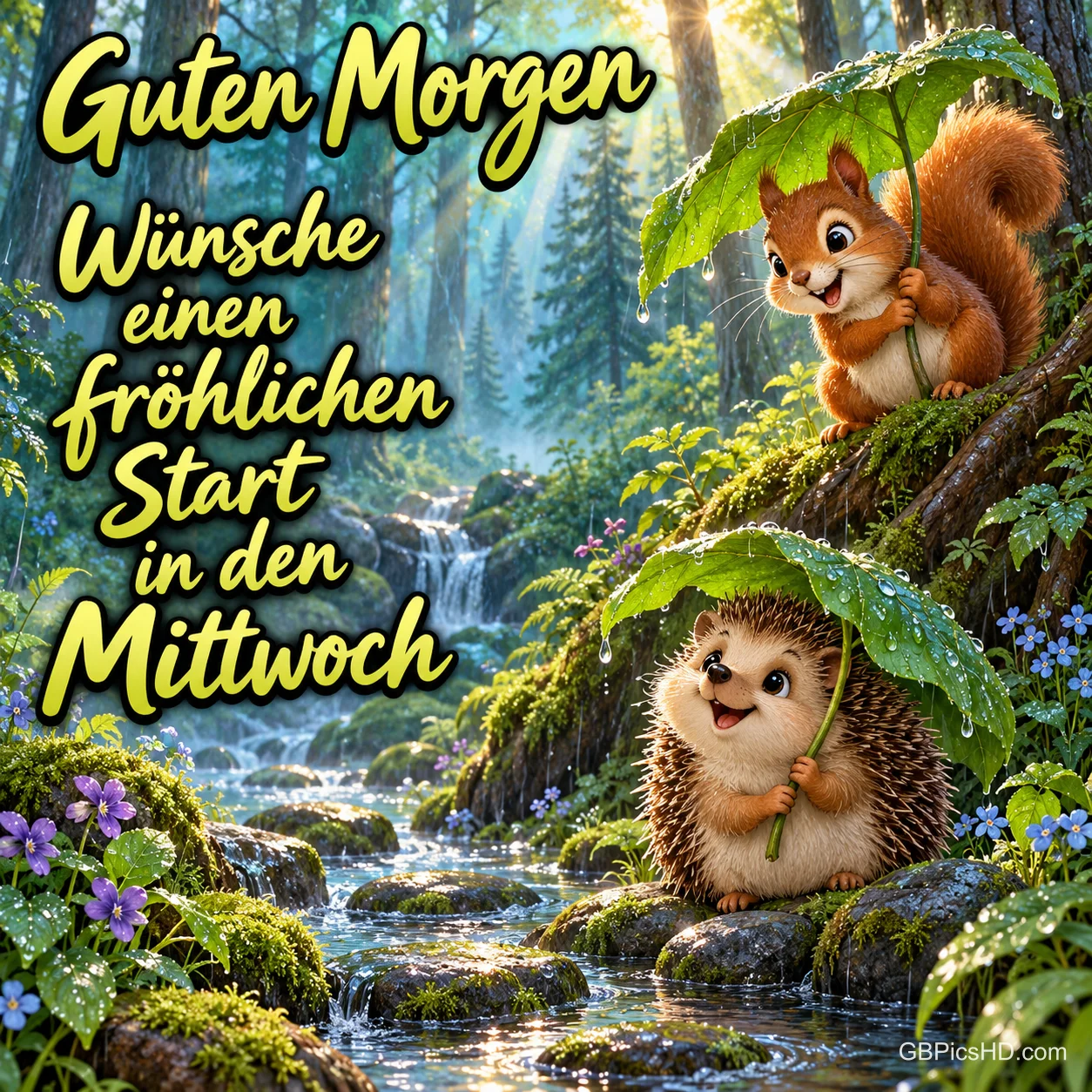 Eichhörnchen und Igel halten Blätter als Schirme an einem Waldbach; daneben steht "Guten Morgen". Eichhörnchen und Igel halten Blätter als Schirme an einem Waldbach; daneben steht "Guten Morgen".