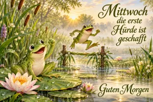 Ein Frosch springt über eine kleine Hürde am Teich, ein zweiter jubelt auf einem Seerosenblatt neben dem Gruß "Guten Morgen".
