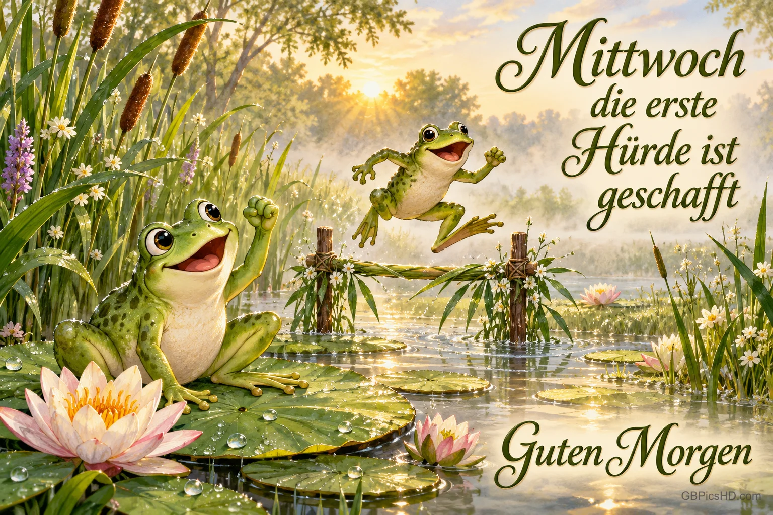 Ein Frosch springt über eine kleine Hürde am Teich, ein zweiter jubelt auf einem Seerosenblatt neben dem Gruß "Guten Morgen". Ein Frosch springt über eine kleine Hürde am Teich, ein zweiter jubelt auf einem Seerosenblatt neben dem Gruß "Guten Morgen".