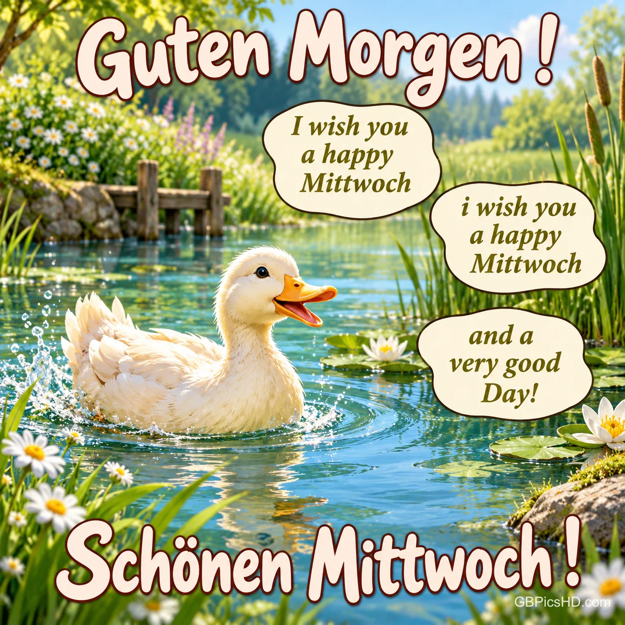 Eine weiße Ente schwimmt zwischen Seerosen im Teich unter "Guten Morgen!" und über "Schönen Mittwoch!". Eine weiße Ente schwimmt zwischen Seerosen im Teich unter "Guten Morgen!" und über "Schönen Mittwoch!".