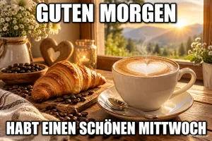 Cappuccino mit Herz und Croissant stehen am Fenster mit Bergblick und "GUTEN MORGEN HABT EINEN SCHÖNEN MITTWOCH".