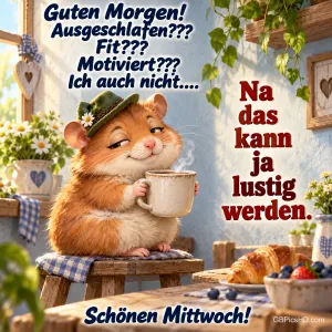 Ein verschlafener Hamster mit Hut hält eine dampfende Tasse neben "Na das kann ja lustig werden." und "Schönen Mittwoch!".