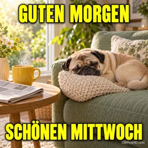 Ein müder Mops liegt auf einem Strickkissen im grünen Sessel neben einer gelben Tasse mit "GUTEN MORGEN SCHÖNEN MITTWOCH".