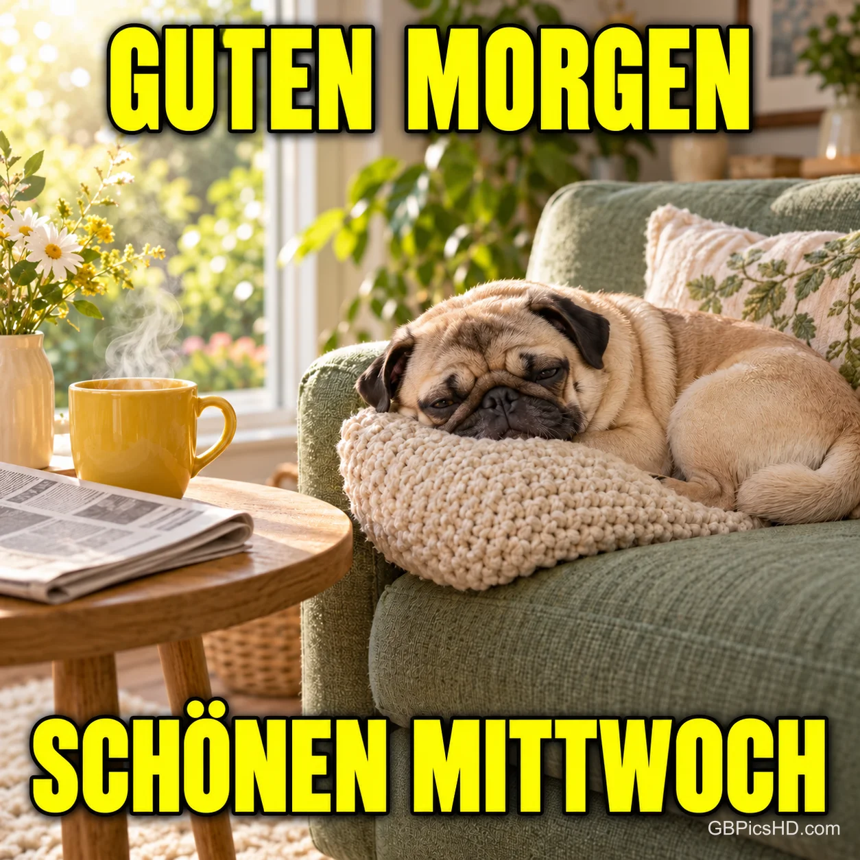 Ein müder Mops liegt auf einem Strickkissen im grünen Sessel neben einer gelben Tasse mit "GUTEN MORGEN SCHÖNEN MITTWOCH". Ein müder Mops liegt auf einem Strickkissen im grünen Sessel neben einer gelben Tasse mit "GUTEN MORGEN SCHÖNEN MITTWOCH".