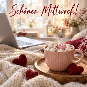 Eine rosa Tasse mit Marshmallows steht neben roten Stoffherzen und einem Laptop auf einer Decke unter "Schönen Mittwoch!".
