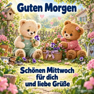 Zwei Teddybären sitzen mit einem Blumenkorb im Garten bei "Guten Morgen Schönen Mittwoch für dich und liebe Grüße".