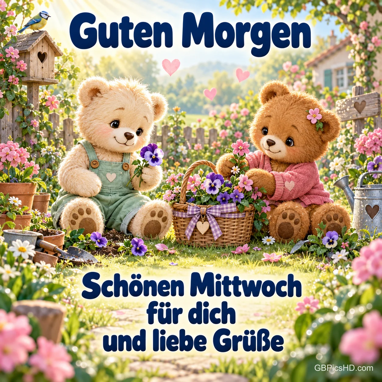 Zwei Teddybären sitzen mit einem Blumenkorb im Garten bei "Guten Morgen Schönen Mittwoch für dich und liebe Grüße". Zwei Teddybären sitzen mit einem Blumenkorb im Garten bei "Guten Morgen Schönen Mittwoch für dich und liebe Grüße".