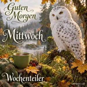 Eine Schneeeule sitzt im herbstlichen Wald neben einer dampfenden grünen Tasse und "Guten Morgen Mittwoch Wochenteiler".