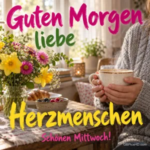 Hände halten eine Tasse neben einem bunten Blumenstrauß bei "Guten Morgen liebe Herzmenschen Schönen Mittwoch!".