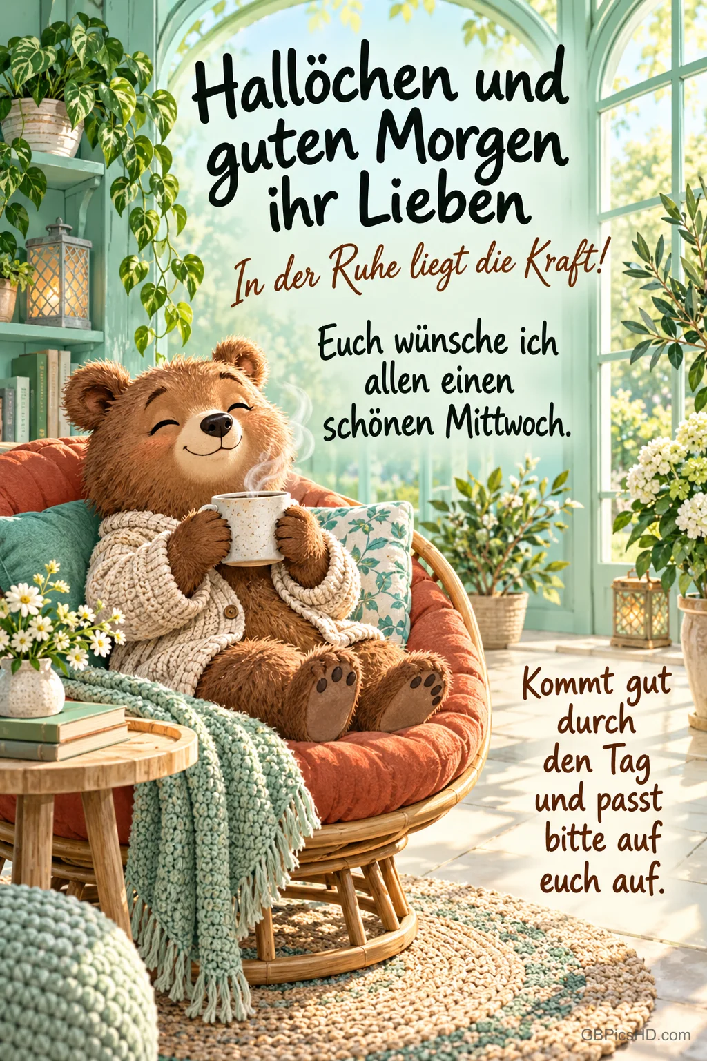 Ein Teddybär im Strickjäckchen sitzt mit einer Tasse im sonnigen Wintergarten neben "In der Ruhe liegt die Kraft!". Ein Teddybär im Strickjäckchen sitzt mit einer Tasse im sonnigen Wintergarten neben "In der Ruhe liegt die Kraft!".