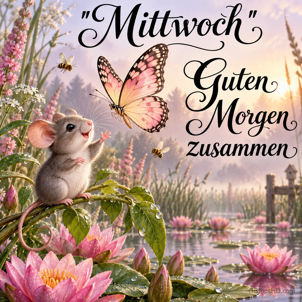 Eine Maus am Seerosenteich schaut zu einem rosa Schmetterling: ""Mittwoch" Guten Morgen zusammen". Eine Maus am Seerosenteich schaut zu einem rosa Schmetterling: ""Mittwoch" Guten Morgen zusammen".