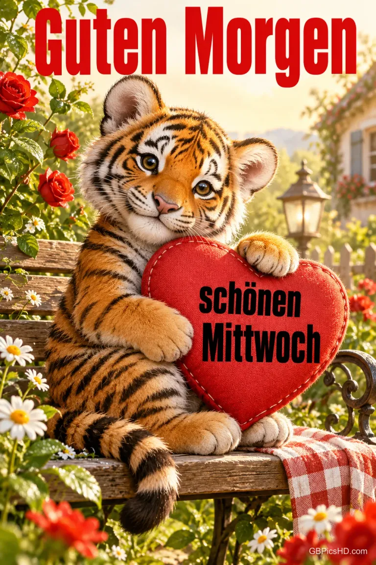 Ein Tigerjunges sitzt auf einer Gartenbank und hält ein rotes Herz mit "Guten Morgen schönen Mittwoch".
