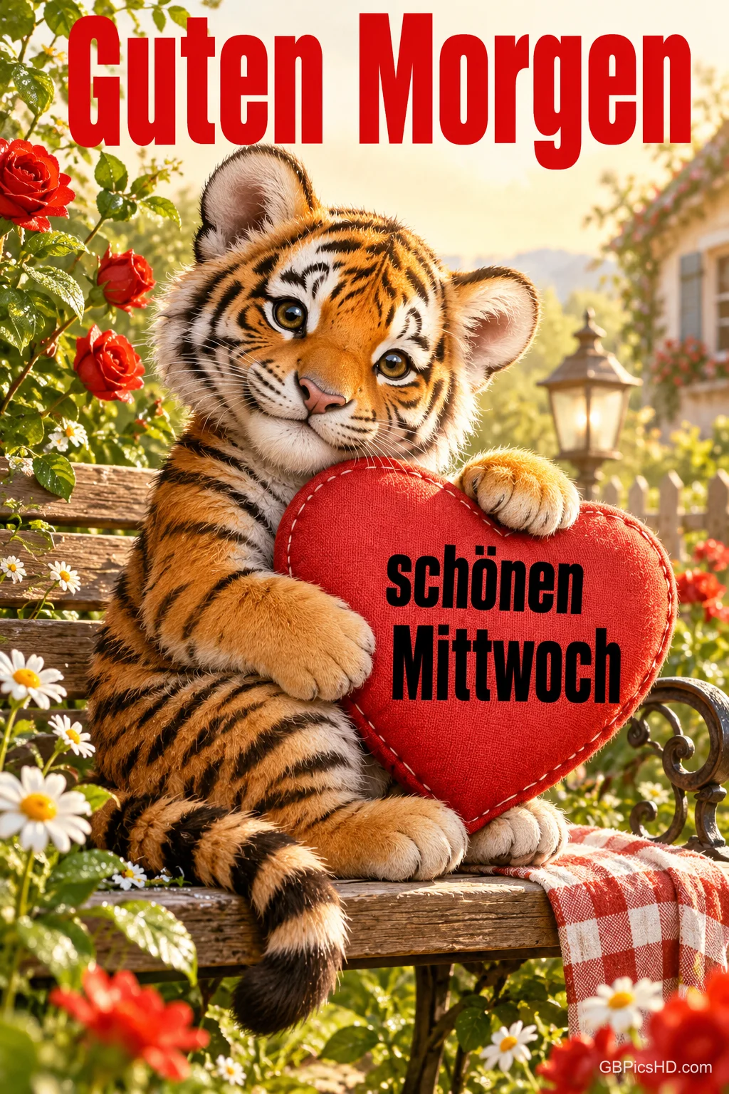 Ein Tigerjunges sitzt auf einer Gartenbank und hält ein rotes Herz mit "Guten Morgen schönen Mittwoch". Ein Tigerjunges sitzt auf einer Gartenbank und hält ein rotes Herz mit "Guten Morgen schönen Mittwoch".