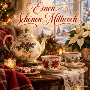 Festliches Teegeschirr mit Weihnachtsmotiven steht vor einem verschneiten Fenster unter "Einen schönen Mittwoch".
