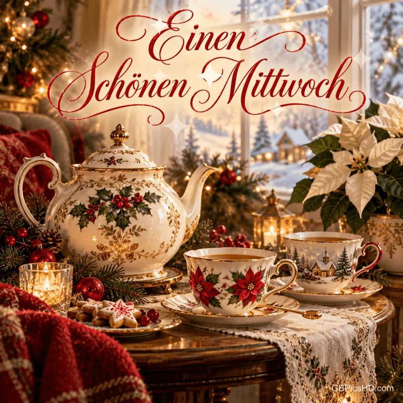 Festliches Teegeschirr mit Weihnachtsmotiven steht vor einem verschneiten Fenster unter "Einen schönen Mittwoch". Festliches Teegeschirr mit Weihnachtsmotiven steht vor einem verschneiten Fenster unter "Einen schönen Mittwoch".