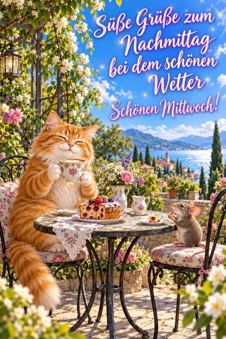 Katze und Maus sitzen am Gartentisch mit Kuchen: "Süße Grüße zum Nachmittag bei dem schönen Wetter Schönen Mittwoch!".