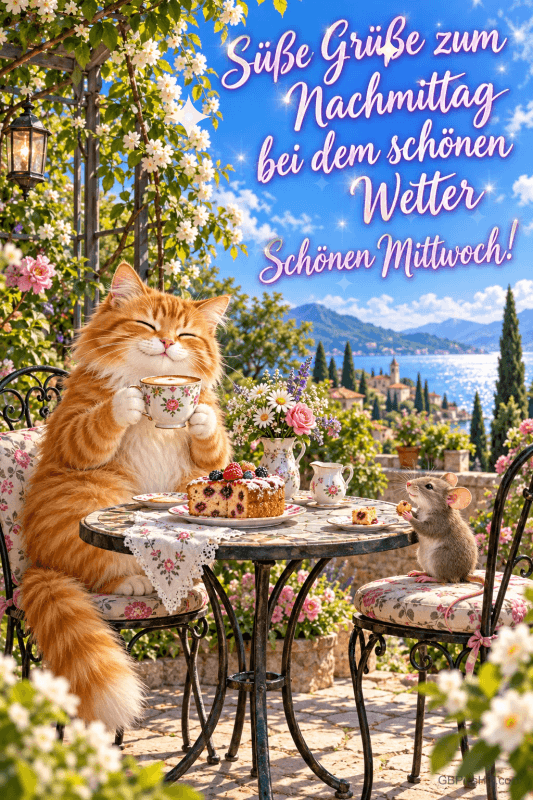 Katze und Maus sitzen am Gartentisch mit Kuchen: "Süße Grüße zum Nachmittag bei dem schönen Wetter Schönen Mittwoch!". Katze und Maus sitzen am Gartentisch mit Kuchen: "Süße Grüße zum Nachmittag bei dem schönen Wetter Schönen Mittwoch!".