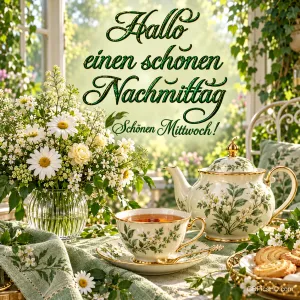 Blumen, eine Teekanne, eine Teetasse und Gebäck stehen am Fenster: "Hallo einen schönen Nachmittag Schönen Mittwoch!".