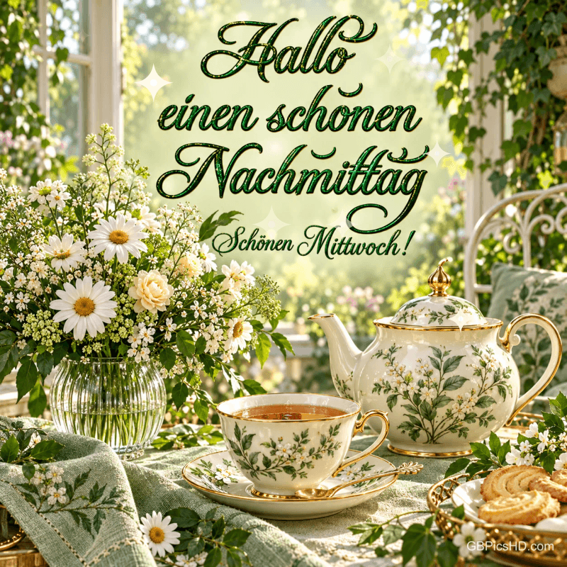 Blumen, eine Teekanne, eine Teetasse und Gebäck stehen am Fenster: "Hallo einen schönen Nachmittag Schönen Mittwoch!". Blumen, eine Teekanne, eine Teetasse und Gebäck stehen am Fenster: "Hallo einen schönen Nachmittag Schönen Mittwoch!".