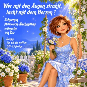 Eine Frau im blauen Blumenkleid sitzt mit einem Blumenstrauß auf einer Schaukel: "Wer mit den Augen strahlt, lacht mit dem Herzen!".