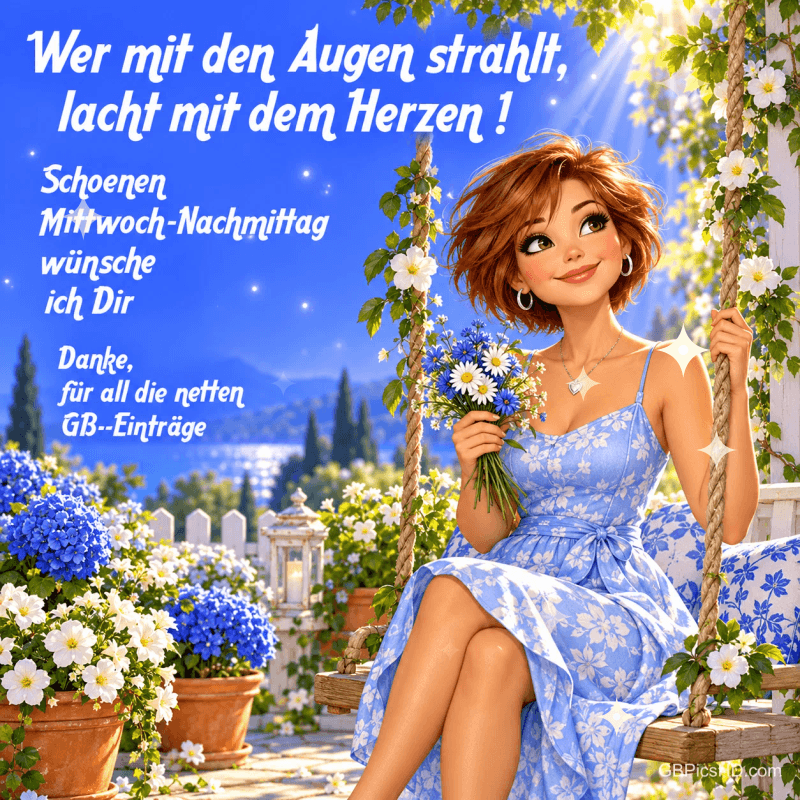 Eine Frau im blauen Blumenkleid sitzt mit einem Blumenstrauß auf einer Schaukel: "Wer mit den Augen strahlt, lacht mit dem Herzen!". Eine Frau im blauen Blumenkleid sitzt mit einem Blumenstrauß auf einer Schaukel: "Wer mit den Augen strahlt, lacht mit dem Herzen!".