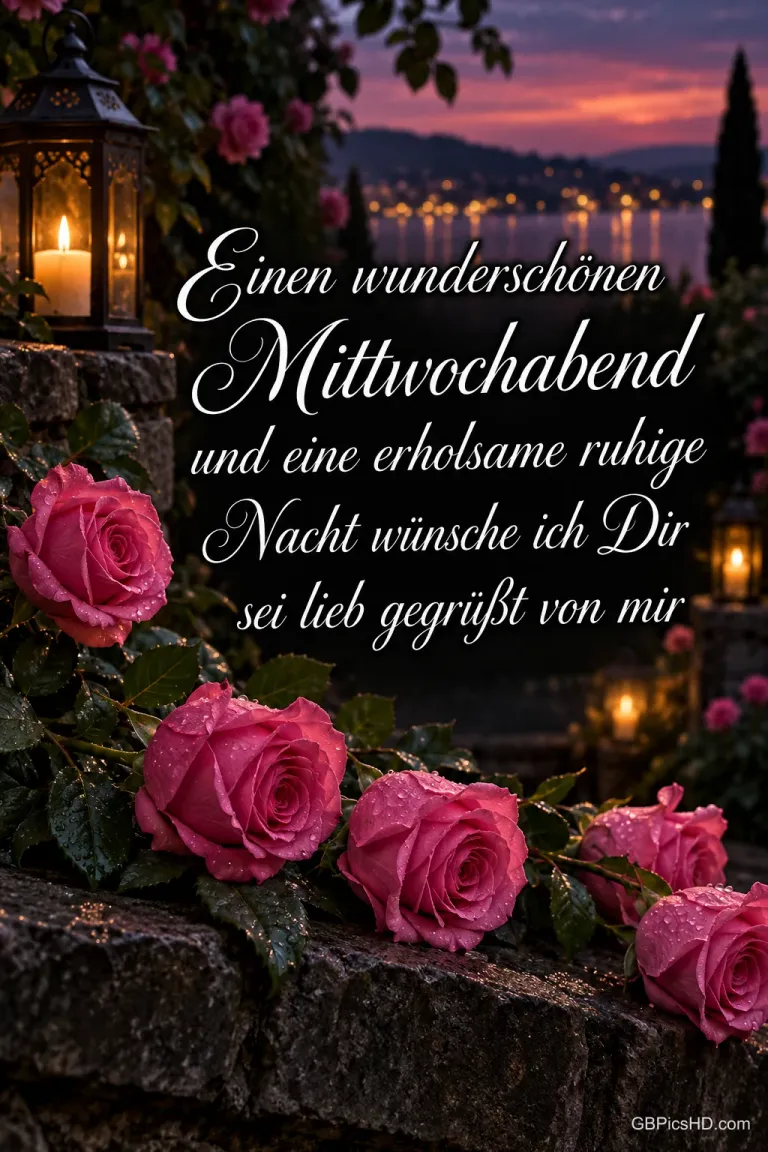 Pinke Rosen auf einer Steinmauer am See bei Abenddämmerung, daneben eine Laterne mit Kerze und ein Gruß für einen wunderschönen Mittwochabend