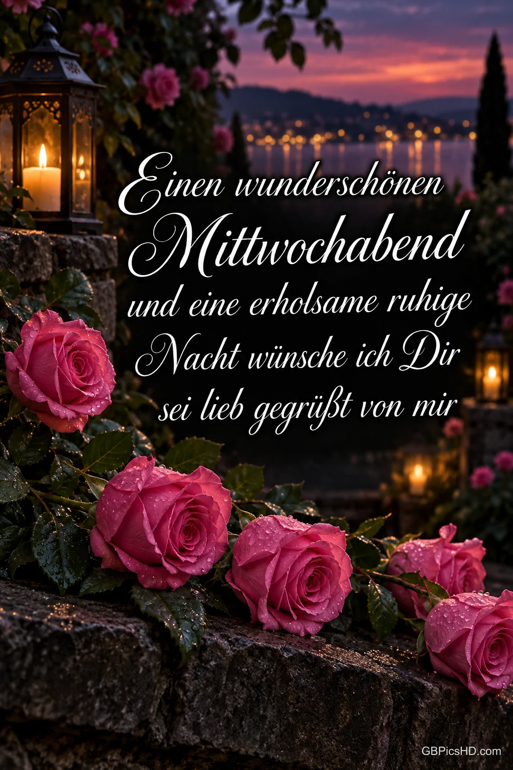Pinke Rosen auf einer Steinmauer am See bei Abenddämmerung, daneben eine Laterne mit Kerze und ein Gruß für einen wunderschönen Mittwochabend