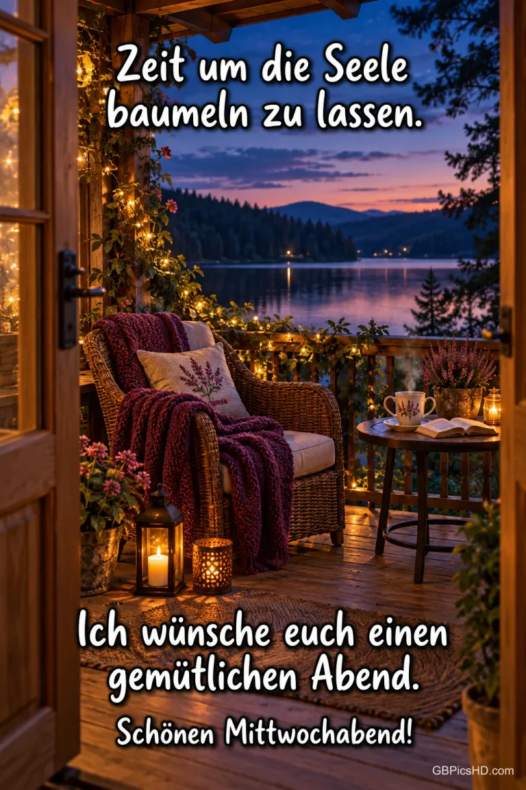 Gemütlicher Balkon mit Korbsessel, Decke, Lichterkette und Laternen über einem See im Abendlicht, dazu der Spruch Zeit um die Seele baumeln zu lassen