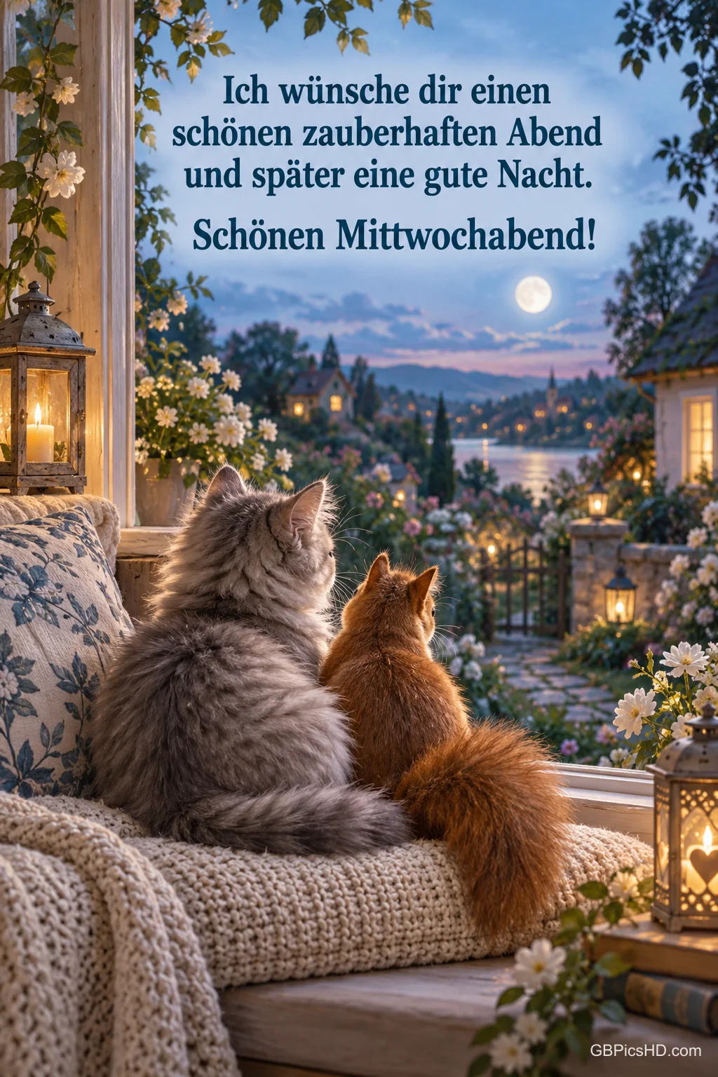 Zwei Katzen sitzen auf einer Fensterbank mit Kissen und schauen hinaus auf ein beleuchtetes Dorf am See unter dem Mond, mit Abendgruß