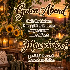 Sonnenblumen, Laternen und eine gemütliche Terrasse mit Kissen vor einem Teich im goldenen Sonnenuntergang, dazu ein herzlicher Guten-Abend-Gruß zum Mittwochabend