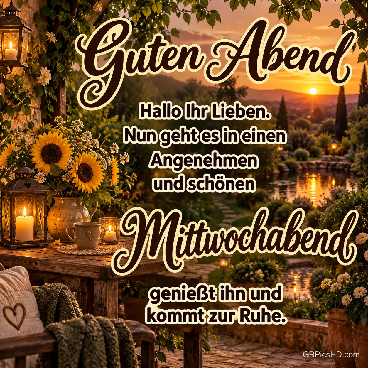 Sonnenblumen, Laternen und eine gemütliche Terrasse mit Kissen vor einem Teich im goldenen Sonnenuntergang, dazu ein herzlicher Guten-Abend-Gruß zum Mittwochabend