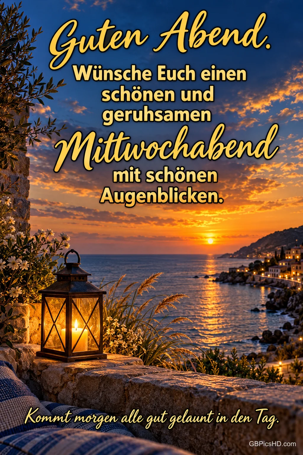 Brennende Laterne auf einer Steinmauer über dem Meer, Sonnenuntergang und Lichter einer Küstenstadt, dazu Wünsche für einen geruhsamen Mittwochabend