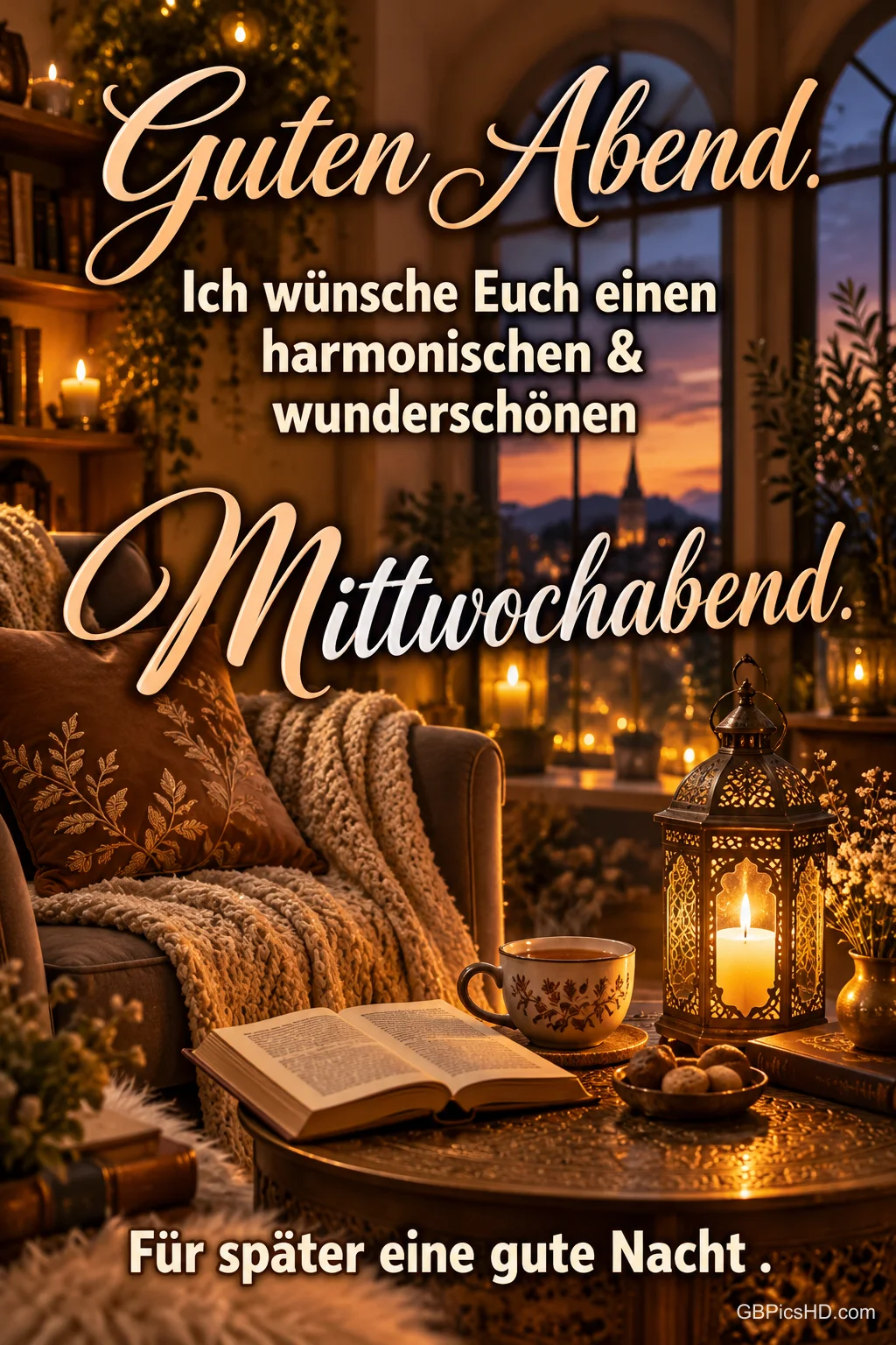 Gemütliche Leseecke mit Sessel, Strickdecke, aufgeschlagenem Buch, Teetasse und Laterne im Kerzenschein, dazu ein harmonischer Gruß zum Mittwochabend