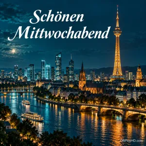 Nächtliche Stadt mit beleuchtetem Turm, Kathedrale und Brücke über einem Fluss, auf dem ein Ausflugsschiff fährt, darüber der Gruß Schönen Mittwochabend