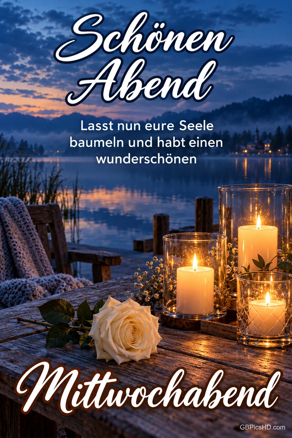 Kerzen in Glaswindlichtern und eine weiße Rose auf einem hölzernen Steg am See zur blauen Stunde, mit Gruß zum Mittwochabend