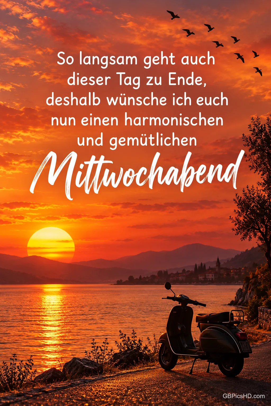 Ein Motorroller parkt am Seeufer bei leuchtendem Sonnenuntergang, Vögel ziehen über den orangeroten Himmel, dazu ein harmonischer Gruß zum Mittwochabend