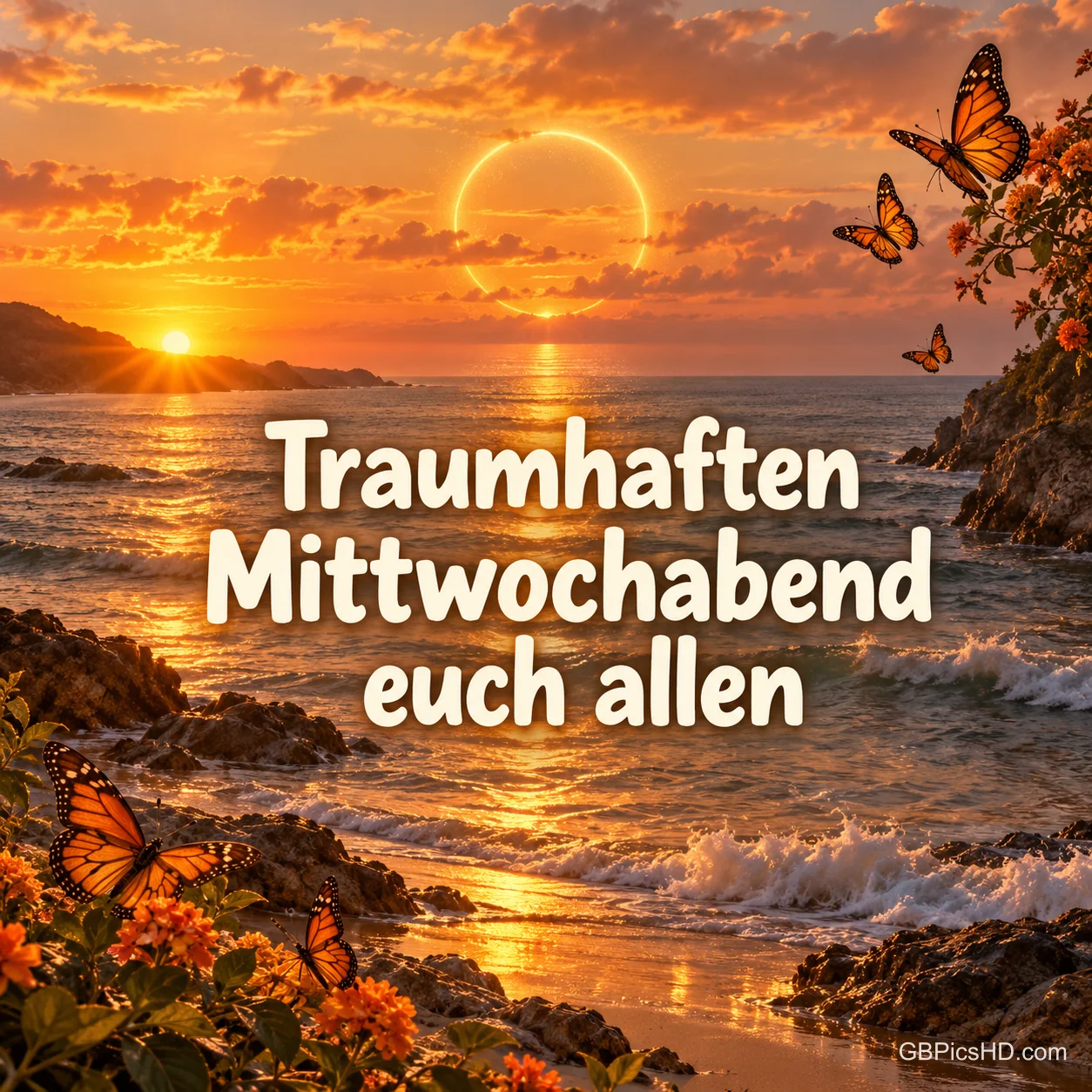 Sonnenuntergang über einer felsigen Bucht mit Brandung, orangefarbenen Blumen, Schmetterlingen und einem leuchtenden Lichtring am Himmel, dazu ein traumhafter Abendgruß