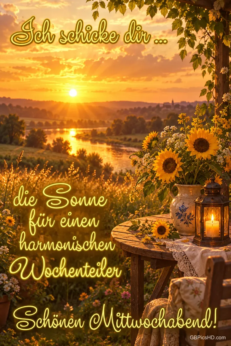 Sonnenuntergang über einer Flusslandschaft, im Vordergrund Sonnenblumen in einer Vase und eine Laterne auf einem Holztisch, dazu goldene Schrift zum Mittwochabend