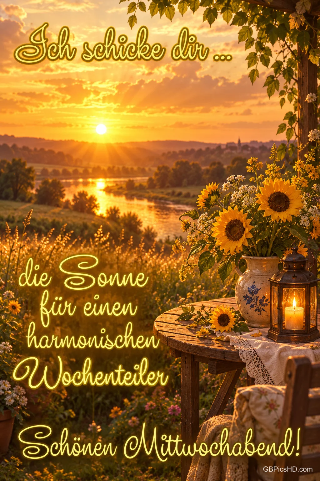 Sonnenuntergang über einer Flusslandschaft, im Vordergrund Sonnenblumen in einer Vase und eine Laterne auf einem Holztisch, dazu goldene Schrift zum Mittwochabend