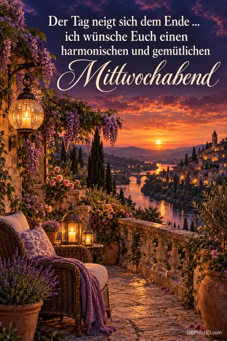 Eine Terrasse mit Laternen blickt bei Sonnenuntergang auf einen Fluss und eine Stadt unter dem Gruß "Mittwochabend".
