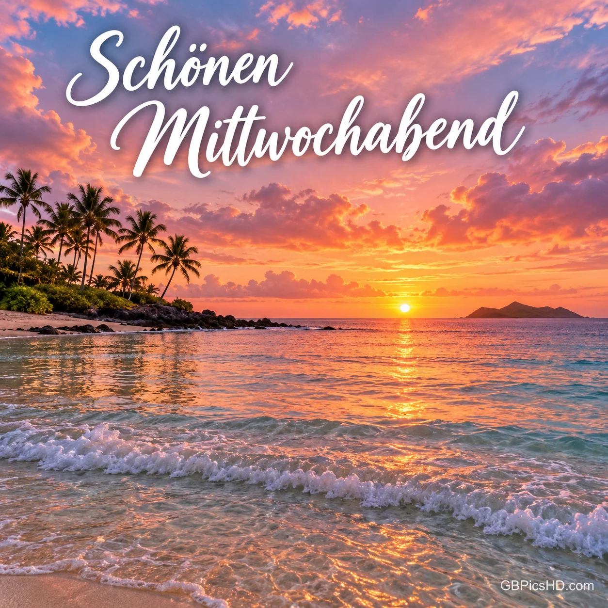 Tropischer Strand bei Sonnenuntergang mit Palmeninsel, sanften Wellen und orange leuchtendem Himmel, darüber der geschwungene Schriftzug "Schönen Mittwochabend"